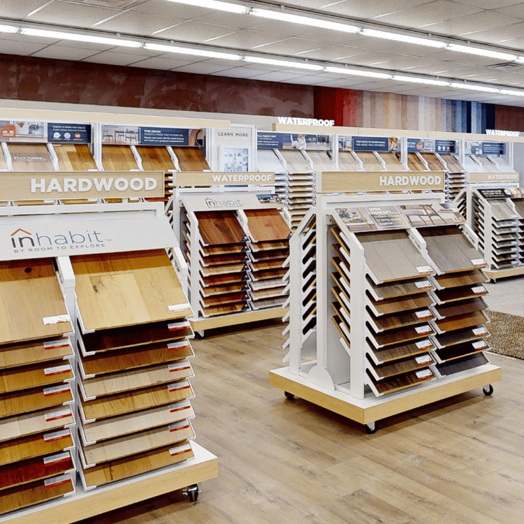Flooring displays with hardwood and waterproof flooring in store
