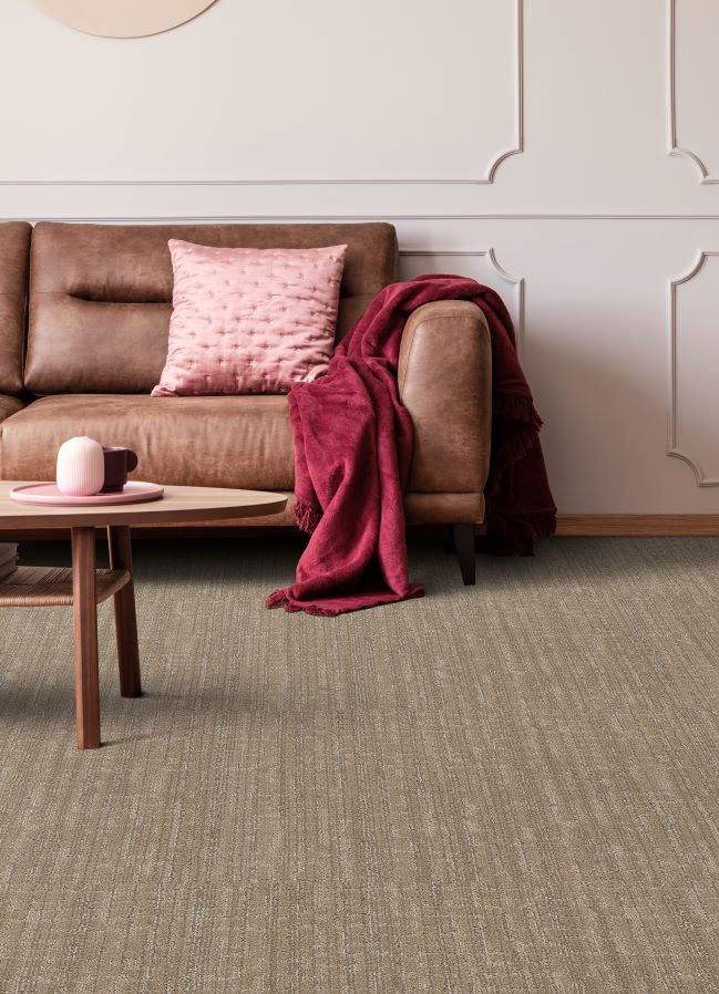 brown textured carpet in a modern living room with a leather couch